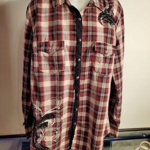 Maurices Premium Plus 2 Red and Black Plaid Shirt with Embroidery